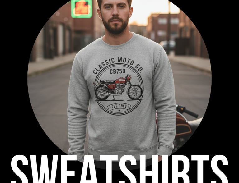 a man wearing a sweatshirt and a sweatshirtie with a motorcycle