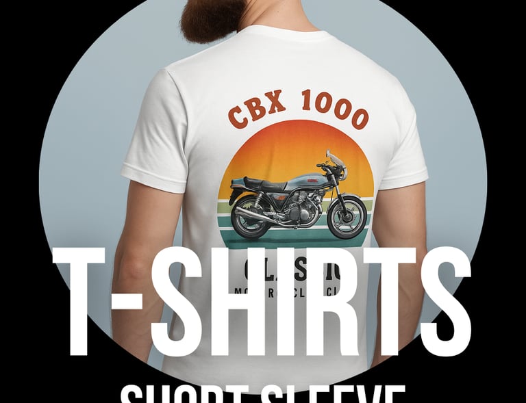 mand wearing a short sleeve t-shirts with a honda cbx1000 design on the back