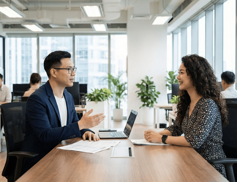 A male manager and white tee shirt having a performance review with  his female subordinate