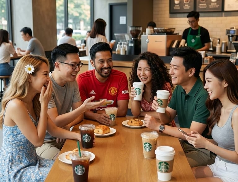 A group of office executives in their casual clothes sitting in s Starbucks having coffee together.