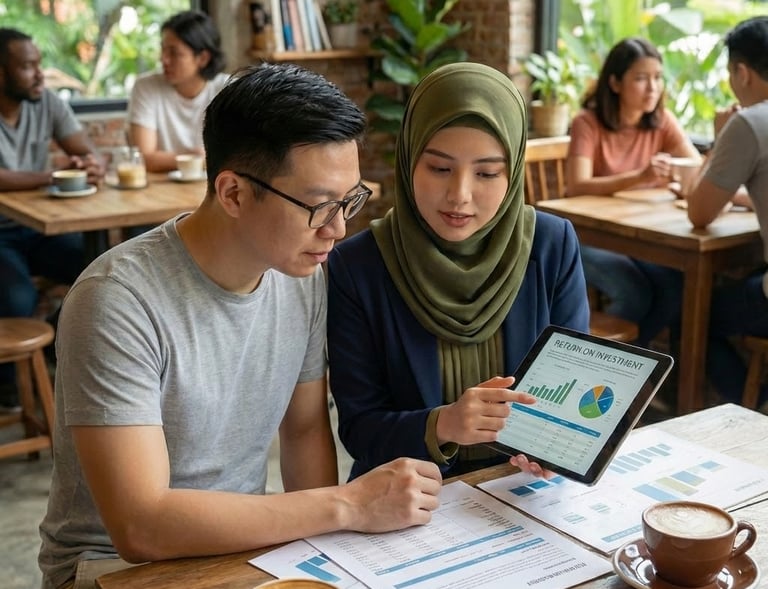A Malay lady financial advisor providing financial advice to a Chinese man wearing spectacles.