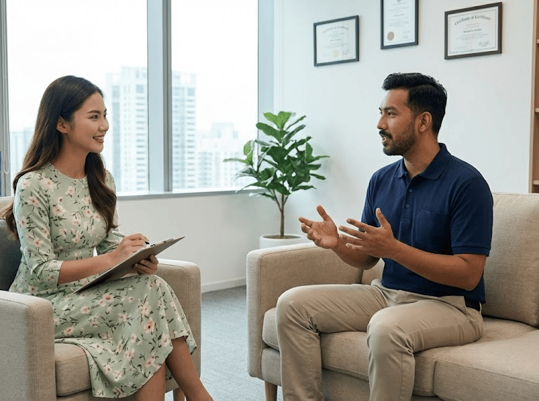 A lady psychiatrist in a consultation session with a Malay man.