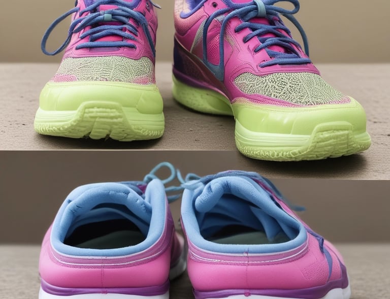 Stack of various shoes ready for collection and delivery in eco-friendly bags