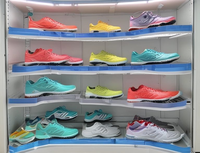 Technician inspecting shoes with antibacterial treatment in a clean workspace