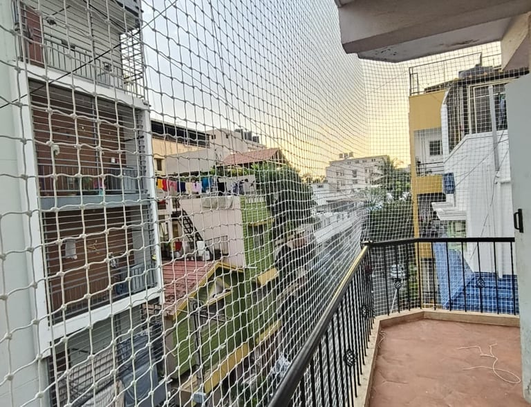Technician carefully fitting a pigeon safety net on a window frame, highlighting attention to detail