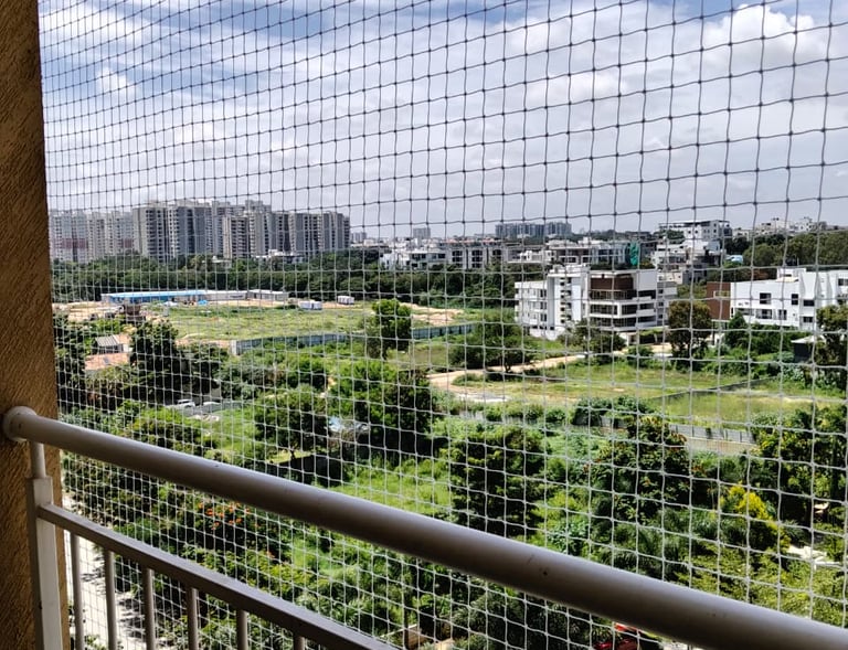Wide shot of a residential building in Bengaluru with pigeon safety nets covering all open spaces to