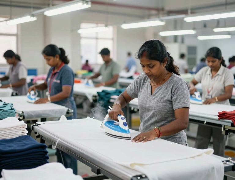 Colorful garment dyeing section featuring eco-friendly dye technology in a clean industrial space.