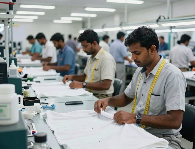 Close-up of skilled workers handling premium jersey knitwear fabric on state-of-the-art knitting machines.