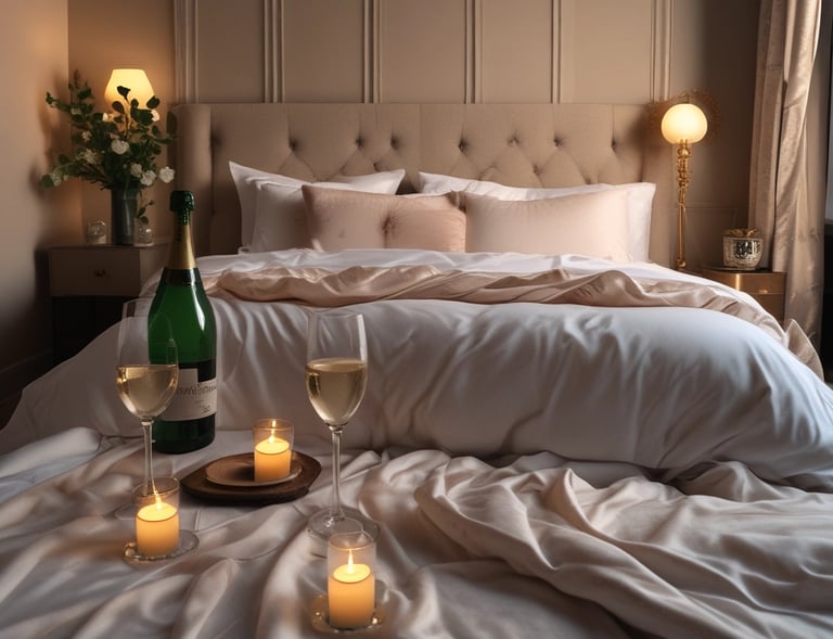 Cozy romantic bedroom corner with soft lighting and plush pillows