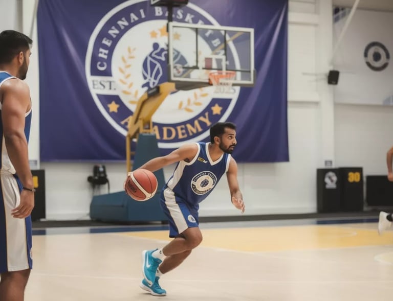 a man in a blue uniform playing basketball
