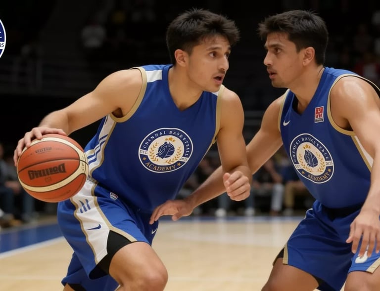 two men playing basketball in a gym