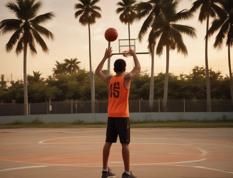 A young Indian man wearing an orange jersey with the number 15 and black trousers practices basketba