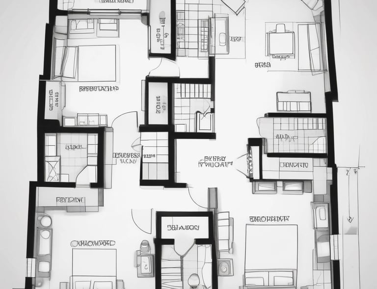 Exterior elevation sketch showcasing a balanced facade with large windows and a welcoming entrance.