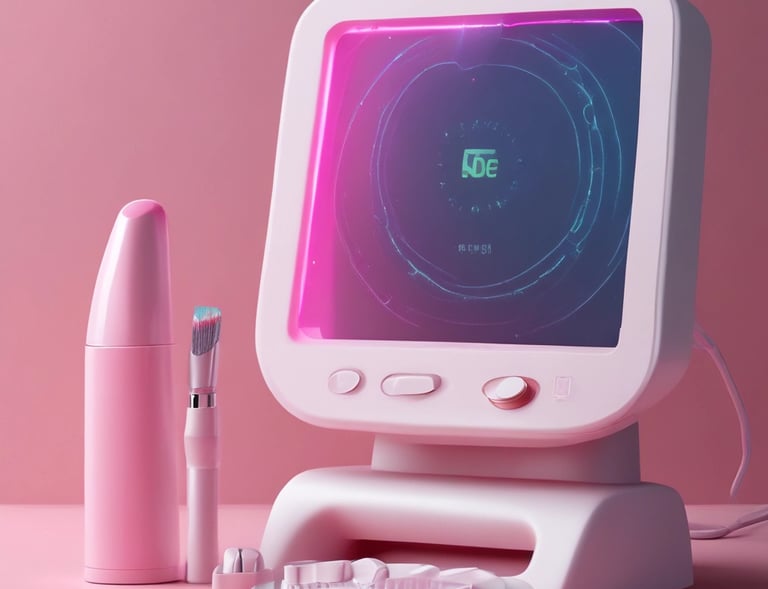 Flat lay of various beauty tech gadgets on a clean white background with subtle pink shadows.