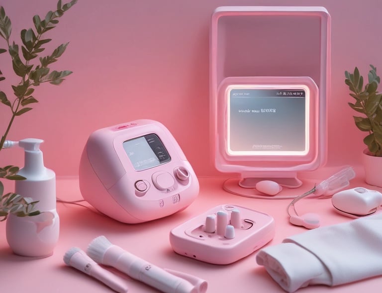 A set of beauty tools including a rose quartz roller and a modern skin massager arranged artfully.