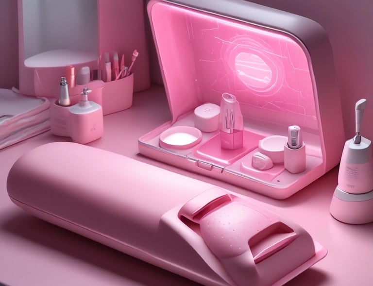 Close-up of a sleek pink facial cleansing brush glowing softly on a white marble surface.