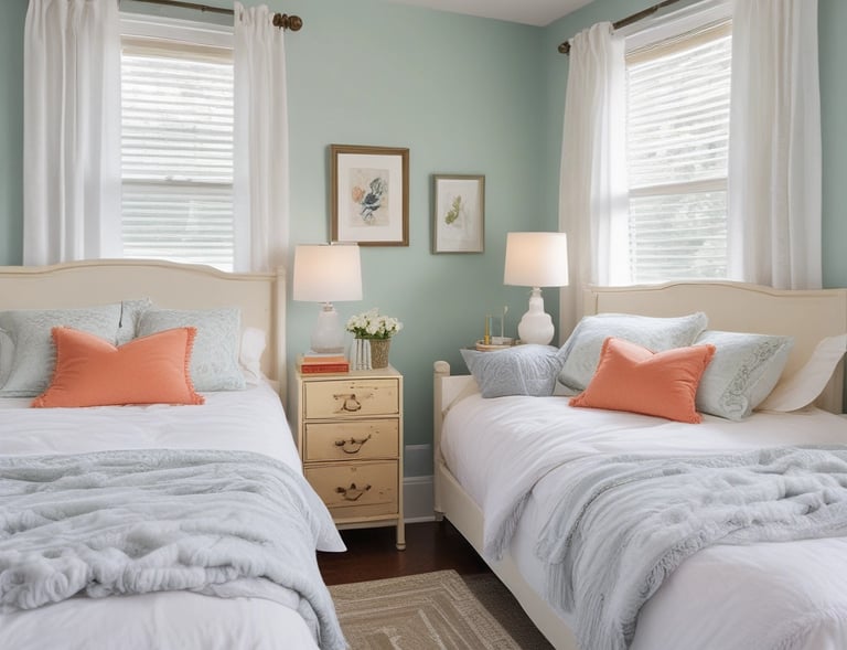 Spacious double room featuring two beds, simple decor, and a shared desk.