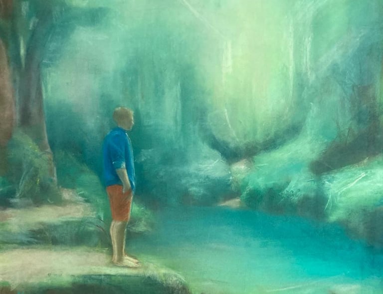 Drawing of a man standing by a turquoise forest stream. dry pastel on paper. 50x65.
