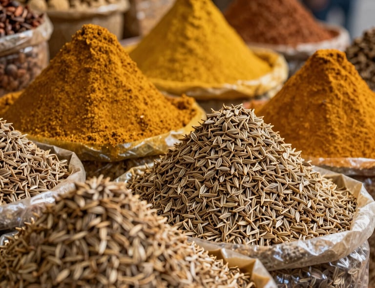 An aromatic spice bazaar display scene in India, vibrant warm golden colors, stacks of whole cumin seeds beautifully presented.