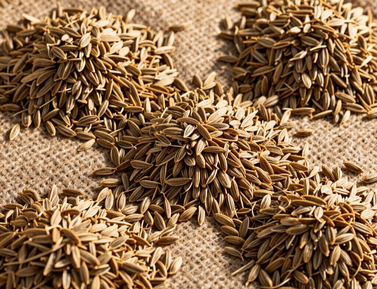 A detailed, colorful overhead shot of piles of whole cumin seeds spread out on dry jute cloth, under bright golden sunlight, rich texture.