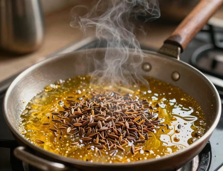 A cozy, warm South Asian / Indian kitchen scene showing a traditional pan tempering cumin seeds in sizzling ghee, releasing soft aromatic steam.