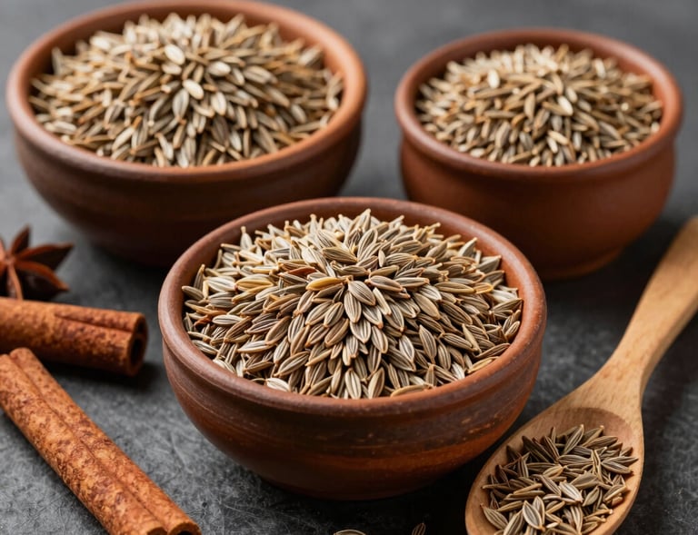 A beautiful setup of raw cumin seeds neatly arranged in clay bowls next to rustic wooden kitchen spoons, surrounded by cinnamon sticks and whole spices.