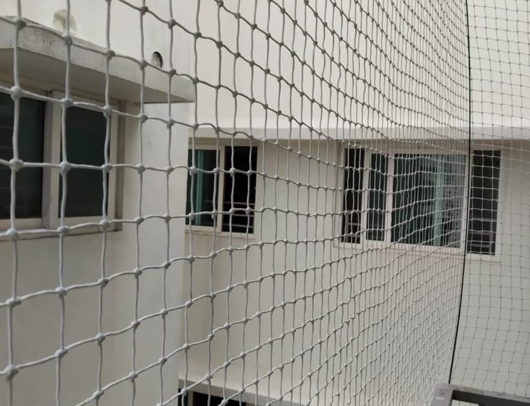 Wide shot of a commercial building's exterior wrapped with protective pigeon netting by Arjilli Ente