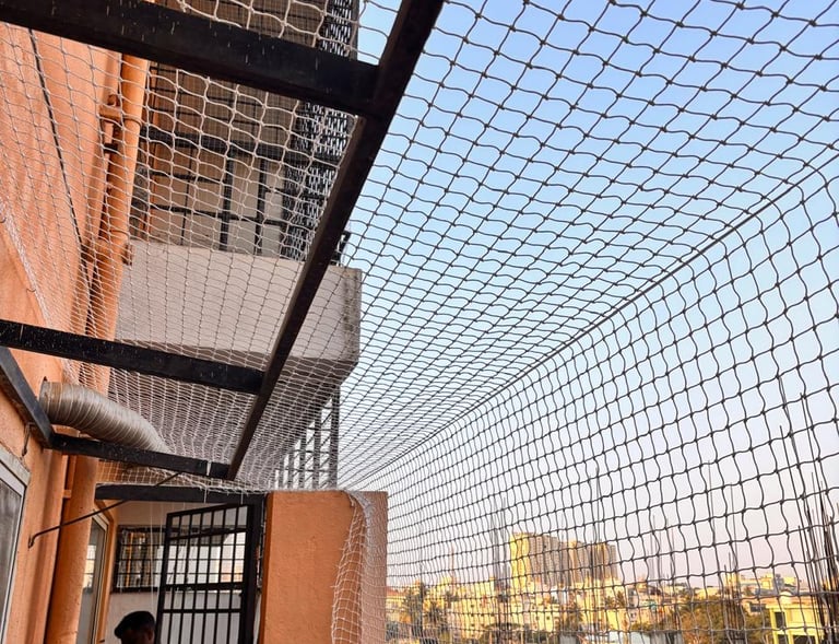 A freshly installed balcony net glowing under the afternoon sun in Vizag.