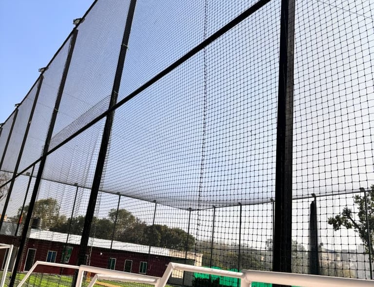 Technician from Arjilli Enterprises carefully fitting pigeon netting on a balcony railing in Vijayaw