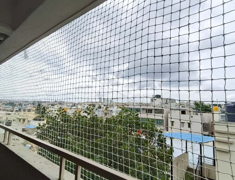 A peaceful Mylapore courtyard protected by neatly installed anti-pigeon nets.