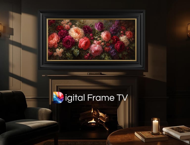 a painting of flowers on a fireplace in a living room