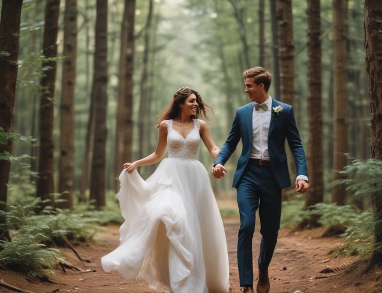 A joyful couple holding hands in a sunlit forest clearing, symbolizing their new journey together.