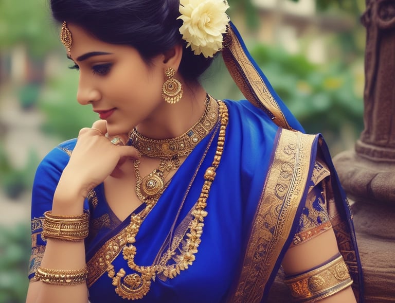 Need a beautiful south indian women with a colour full wearing saree with flower.