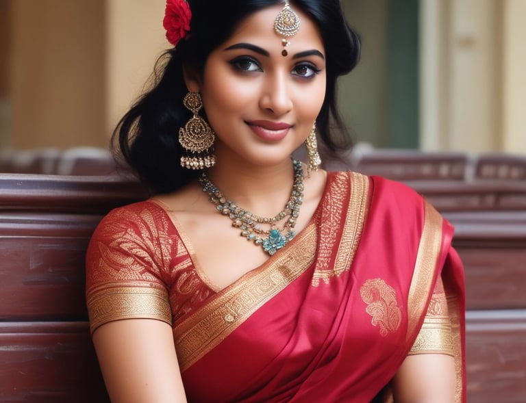 Need a beautiful south indian women with a colour full wearing saree with flower.