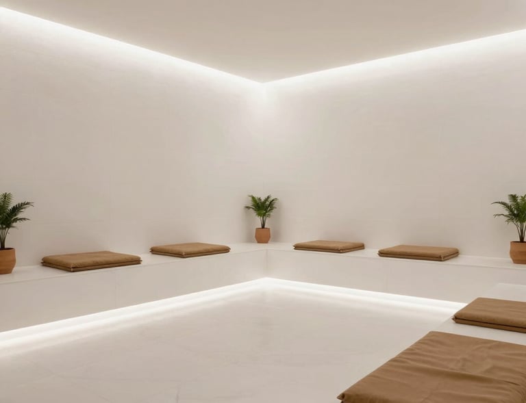 Relaxing lounge area bathed in soft light with dark sleek furniture and neon blue highlights.