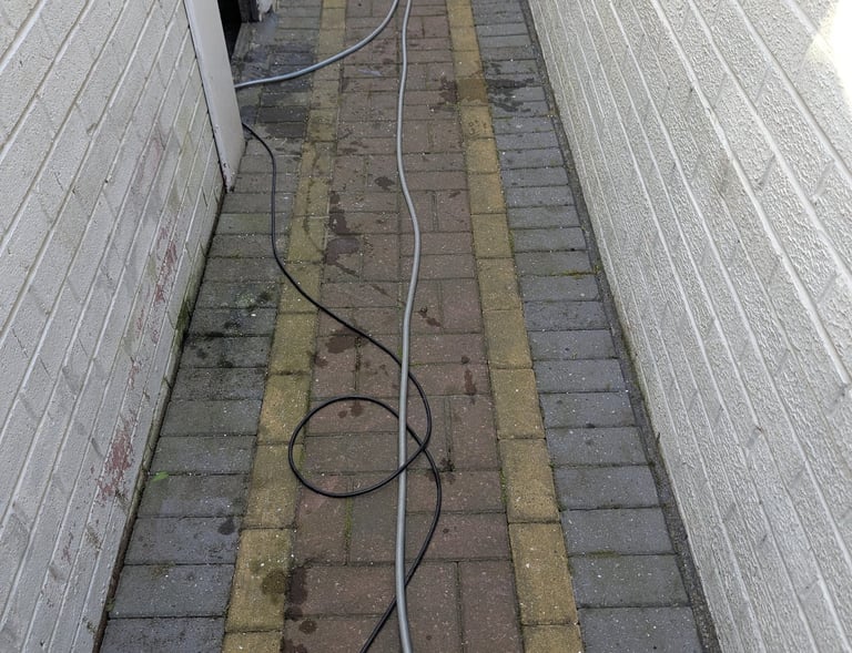 Before outdoor alleyway with brick pavers and a long garden hose stretching across the ground.