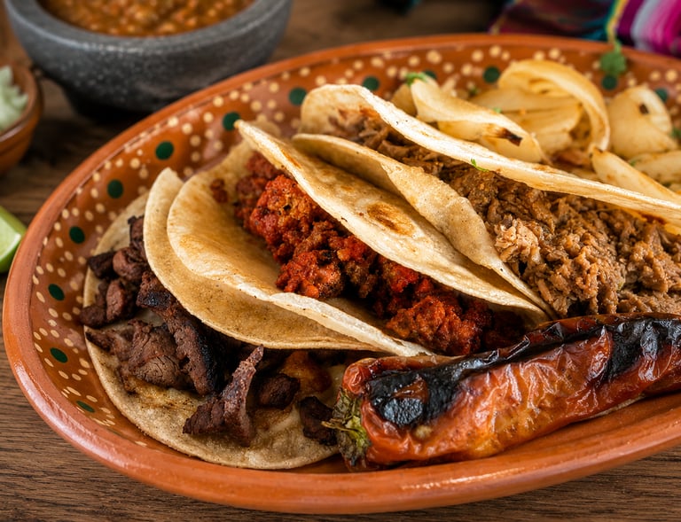 Tacos de barbacoa estilo guadalajara, arrachera y chorizo