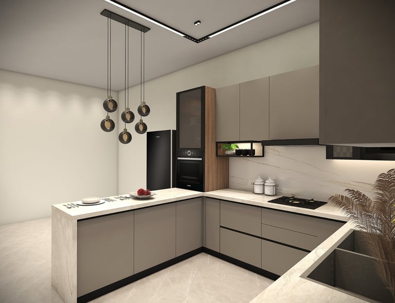 a kitchen with a large counter top and a sink view 1 