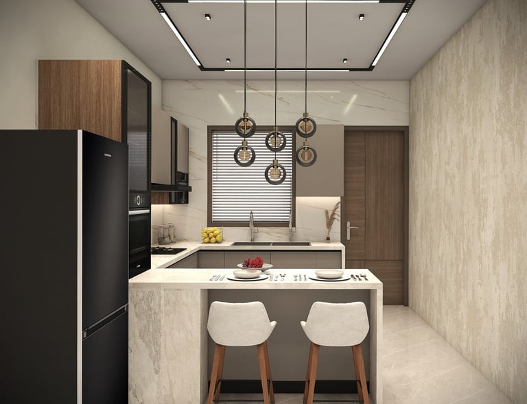 a kitchen with a large counter top and a sink view 2