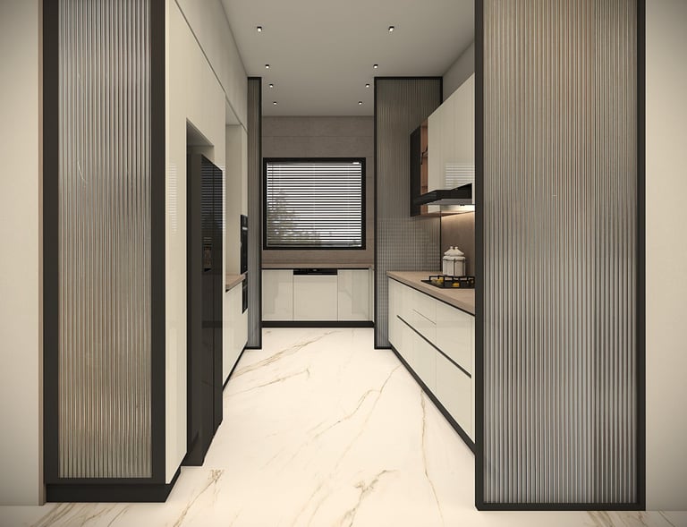 a kitchen with a large counter top and a sink view 3
