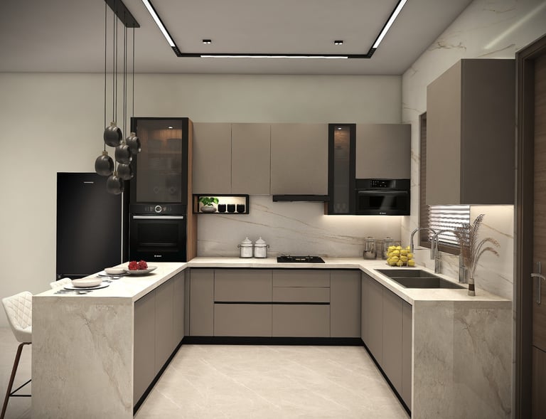 a kitchen with a large counter top and a sink view 4