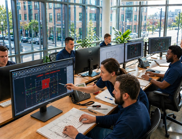 Engineers using CAD software for building design in a modern, sunlit architectural office.