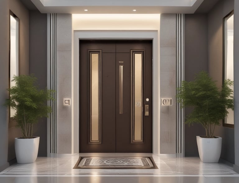 Çelik kapı montajı tamamlanmış modern bir giriş kapısı, güvenlik vurgusu.