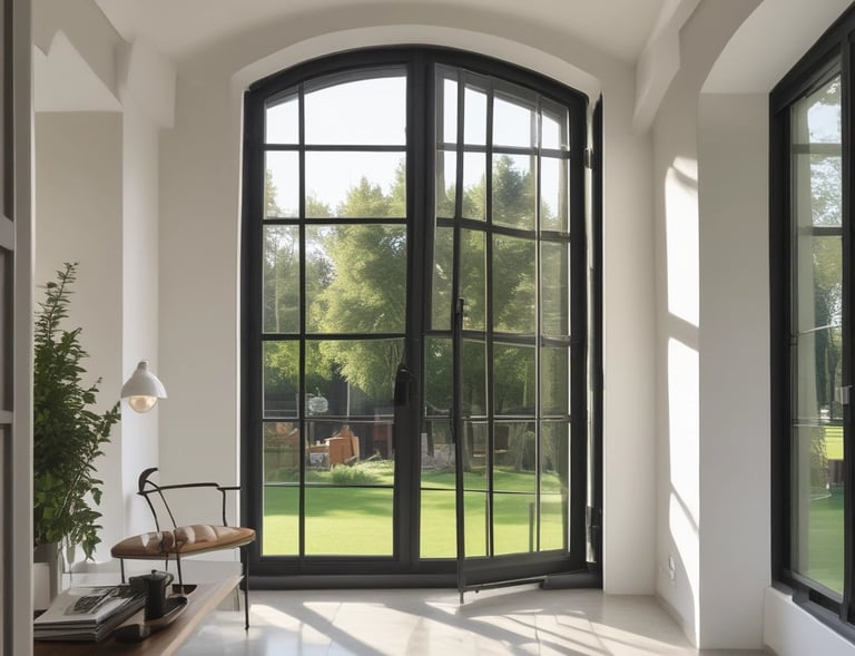 Giyotin cam sistemleri ile oluşturulmuş şık ve fonksiyonel pencere detayları.