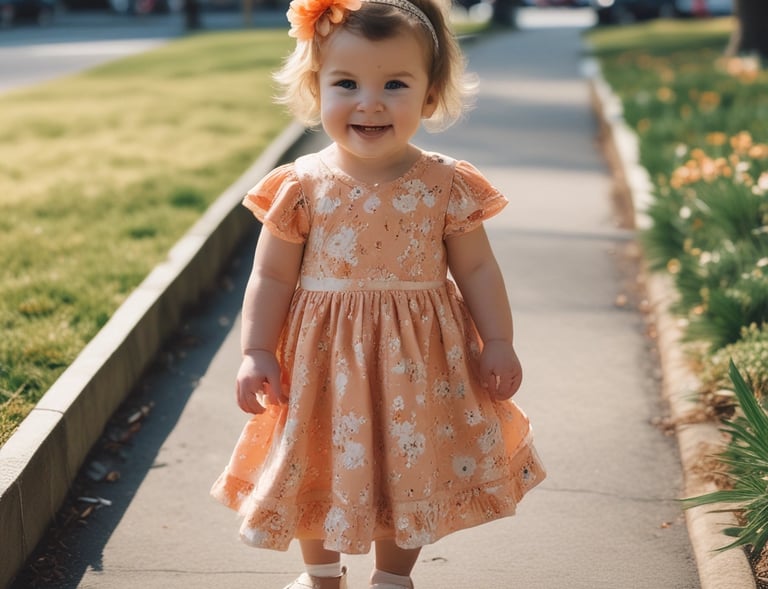 A little girl in a soft pink dress holding a balloon in a garden full of flowers