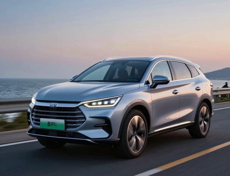 SUV elétrico chinês em movimento em estrada ao entardecer