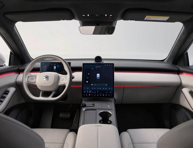 Interior de carro elétrico chinês com tela central, painel digital e iluminação ambiente vermelha