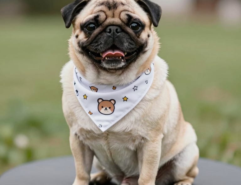 A happy pug wearing a cute bandana, sitting patiently during training.
