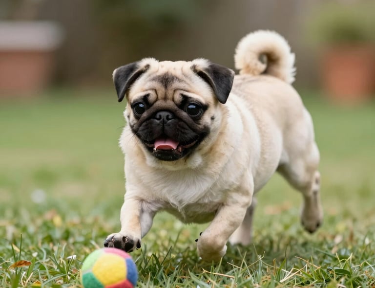 A playful pug puppy chasing a colorful ball in a sunny backyard.