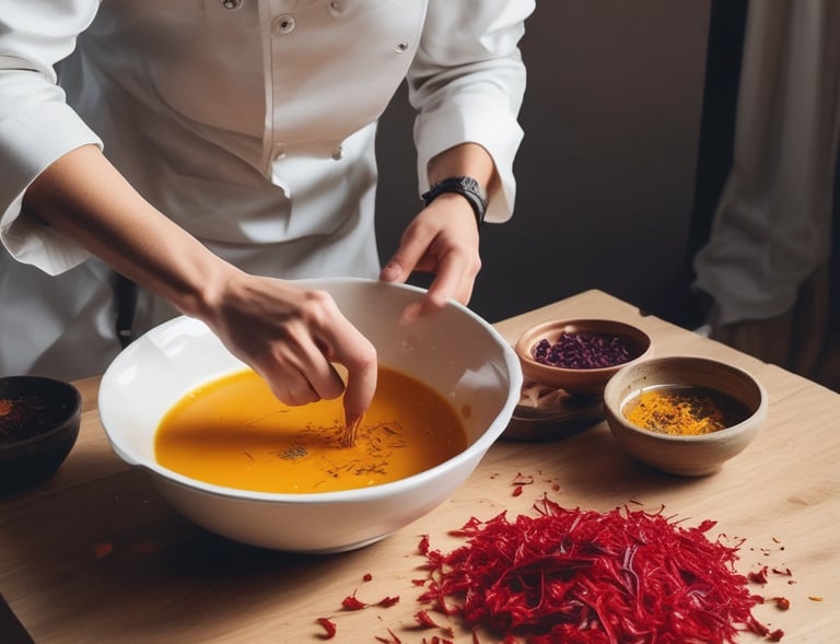 A person is holding a small plate of dried rosebuds, using a spoon to add them to a bowl of liquid with floating roses. A box labeled 'Atich Saffron' is prominently placed in front. On a wooden surface, there are various saffron containers, a metal pot, and a wooden grinder. A white lace tablecloth and a small evergreen branch add to the rustic setting.